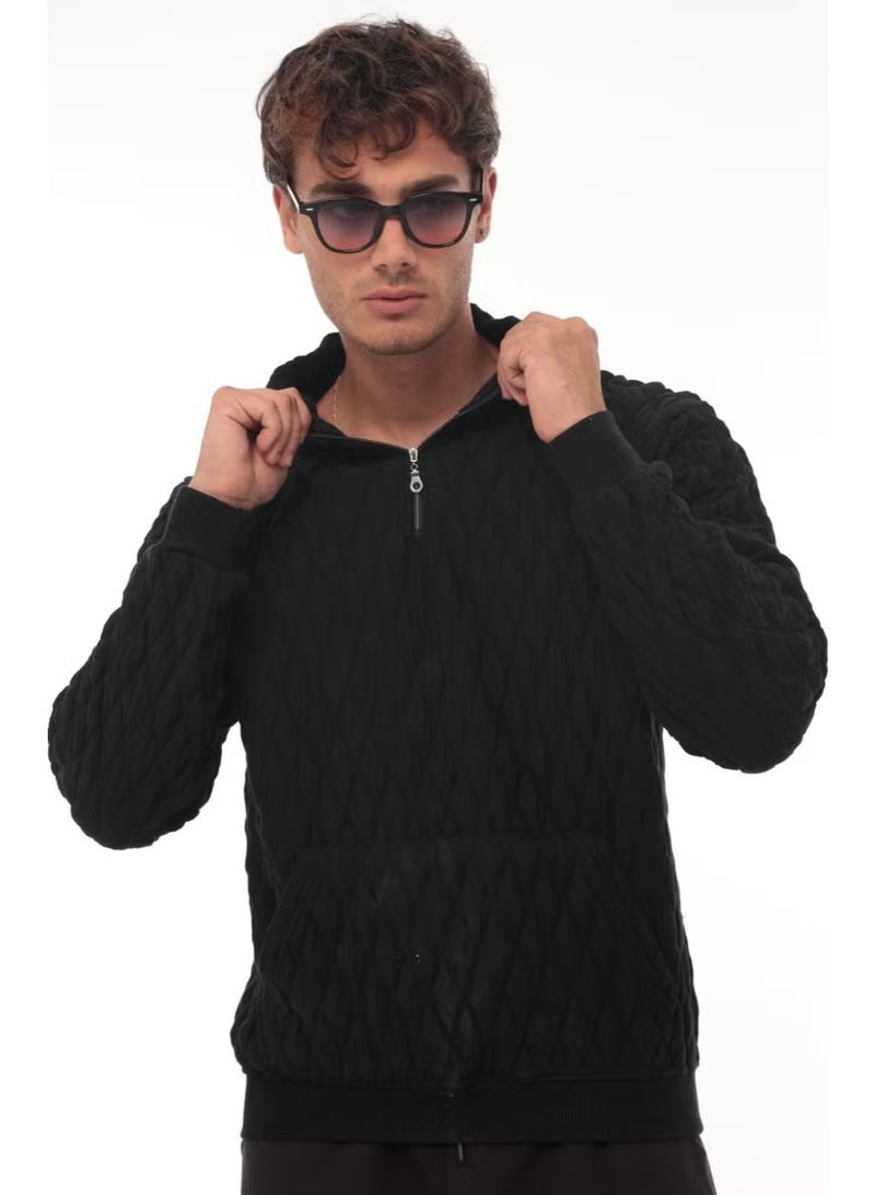 Miron Black Quilted Detailed Half Zipper Regular Fit Sweatshirt - 2326 - Image 1